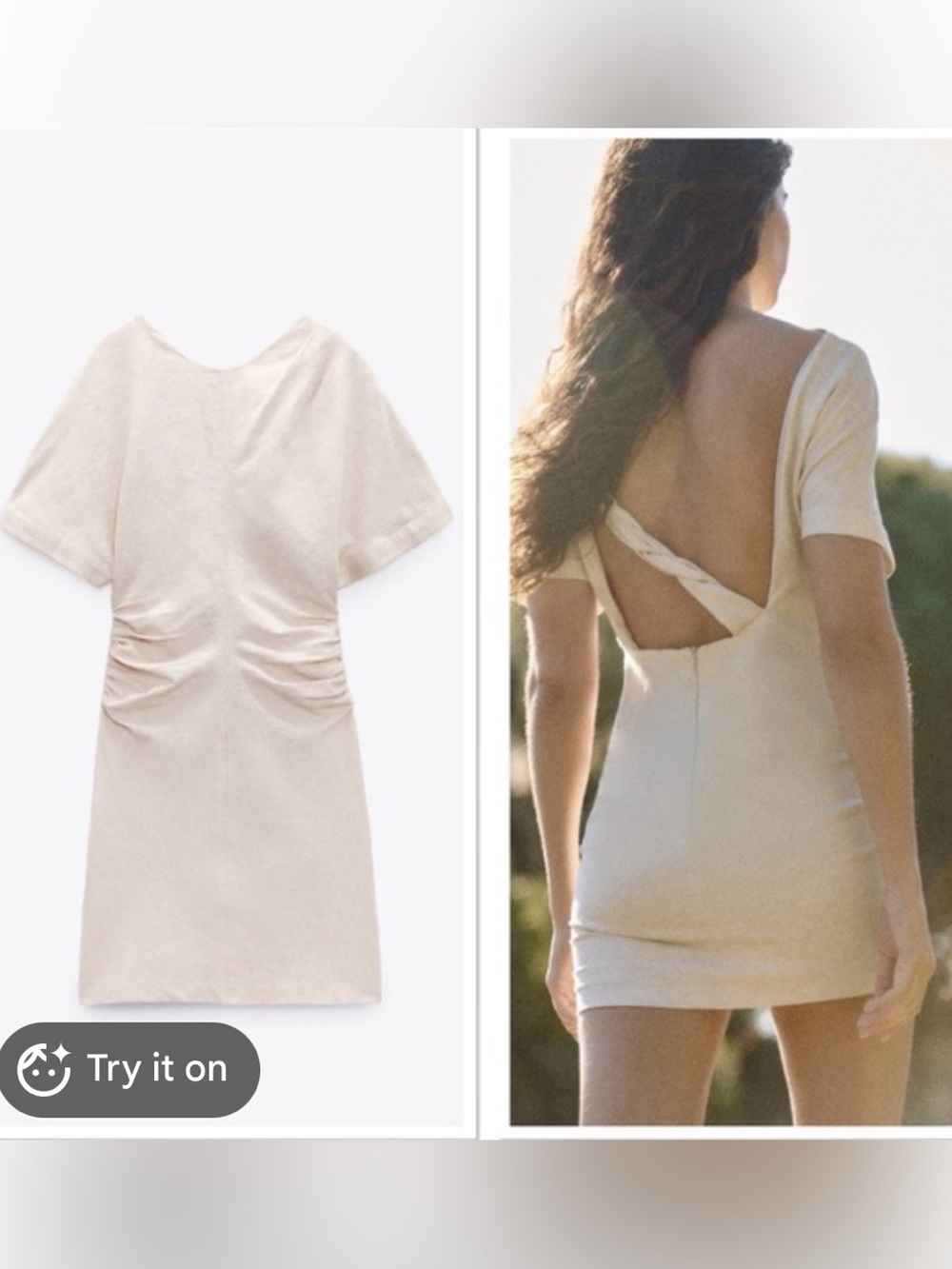 Zara Beige Short Sleeve Ruched-Waist Dress with open back size small